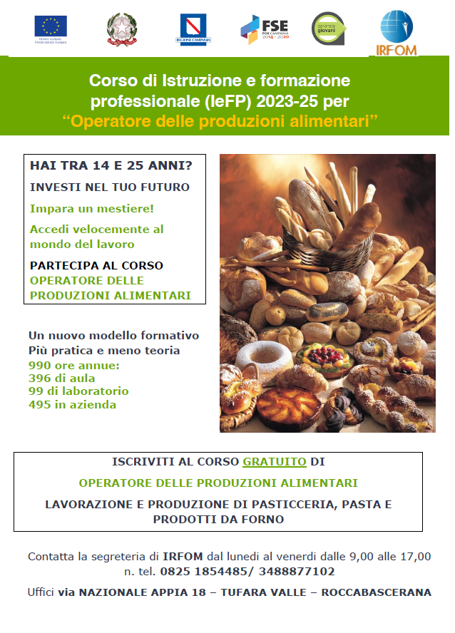 Corso di istruzione e Formazione professionale 2023-25 - Operatore delle produzioni alimentari